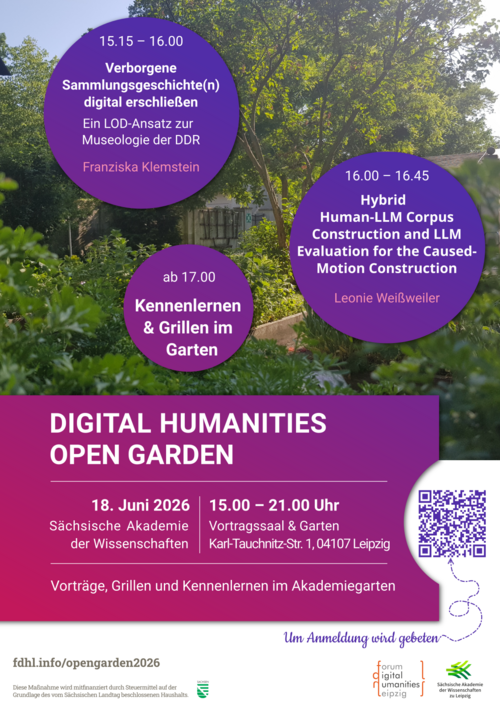 Einladung Digital Humanities Open Garden 2026 (Foto: Sächsische Akademie der Wissenschaften zu Leipzig) Einladendes Plakat der Veranstaltung mit der Abbildung eines Gartens