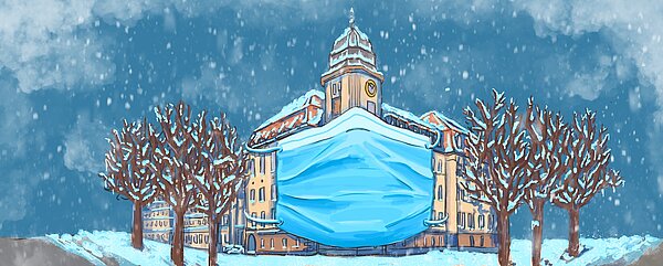 (Illustration: Marie Nowicki/HTWK Leipzig) Illustration Geutebrück-Bau der HTWK im Winter mit Schnee und Maske