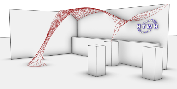 So wird der zusammensteckbare HTWK-Stand „ParaKnot3D“ auf der Designers’ Open 2017 aussehen. (Rendering: Christoph Dijoux, FLEX Team/HTWK Leipzig)