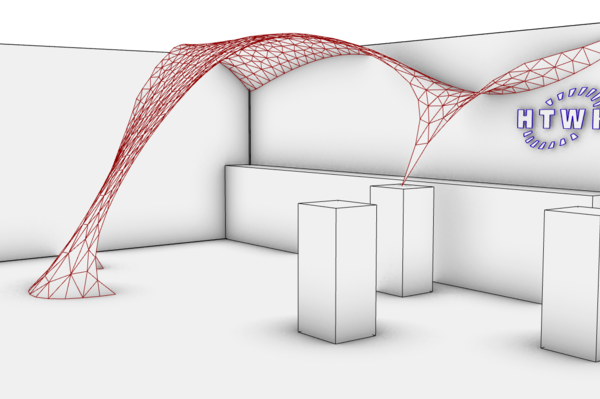 So wird der zusammensteckbare HTWK-Stand „ParaKnot3D“ auf der Designers’ Open 2017 aussehen. (Rendering: Christoph Dijoux, FLEX Team/HTWK Leipzig)