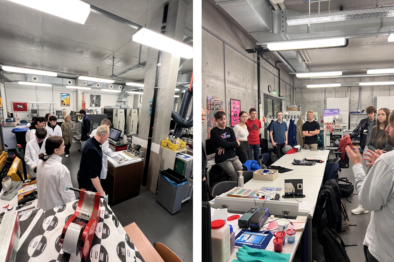 2 Fotos vom Workshop mit vielen Teilnehmenden an langen Tischen