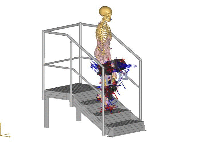 Interface model of a human skeleton with an exoskeleton on the leg descending a flight of stairs; when linked, the link leads to the project website