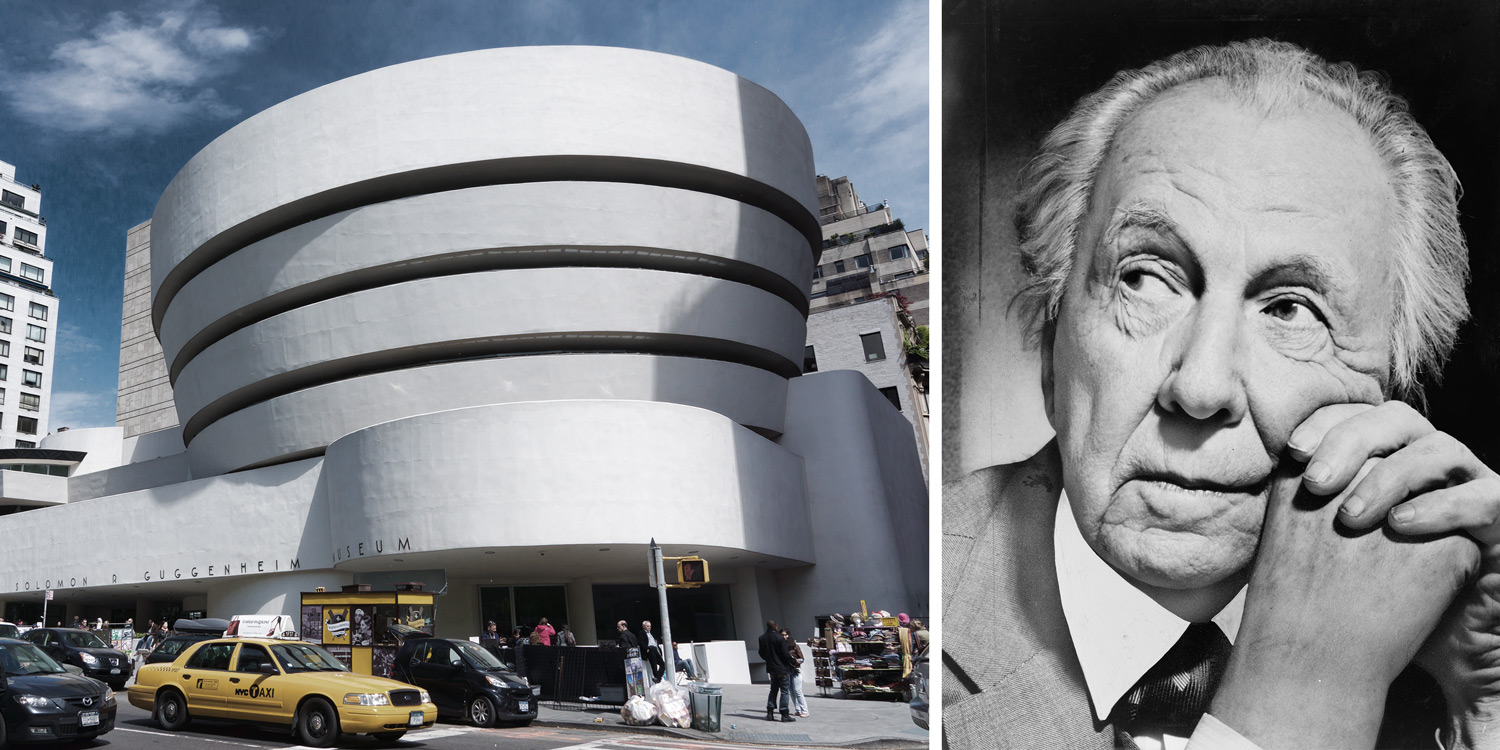 zweigeteiltes Bild mit Guggenheim Museum in New York und Portrait des Architekten Frank Lloyd Wright
